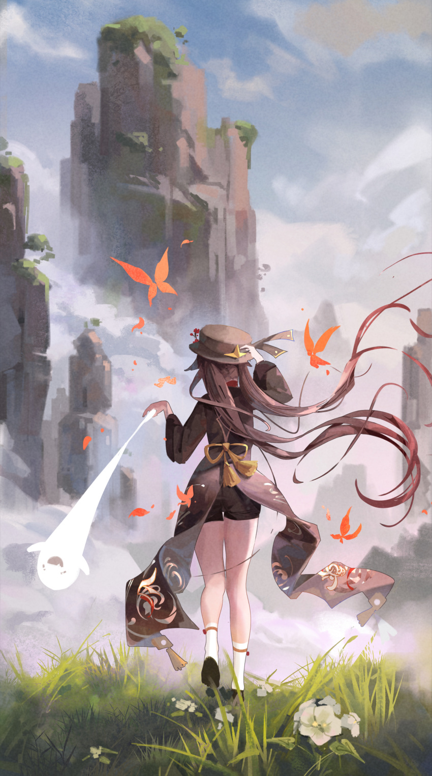 1girl absurdres arm_up black_shorts blue_sky boo_tao_(genshin_impact) brown_coat brown_hair brown_headwear bug butterfly cliff cloud coat coattails colored_tips day facing_away floating_hair flower from_behind full_body genshin_impact ghost gradient_hair grass hand_on_headwear hand_up hat highres holding hu_tao_(genshin_impact) legs long_hair long_sleeves meiyan_(boyimachao) multicolored_hair orange_butterfly outdoors porkpie_hat short_shorts shorts sky socks solo tassel thighs twintails very_long_hair walking white_flower white_socks