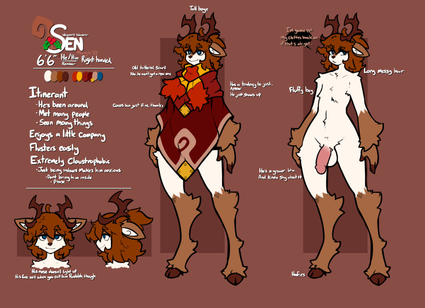 2023 anthro antlers auburn_hair balls blue_eyes bottomless bottomless_male brown_body brown_fur bust_portrait capreoline clothed clothing deer digitigrade english_text fingerless_(marking) fluffy fluffy_hair full-length_portrait fur genitals hair hi_res hooved_digitigrade hooves horn male mammal messy_hair mewgle model_sheet nude penis portrait pupils reindeer scarf sen_(mewgle) side_view simple_background solo standing text white_body white_fur white_pupils