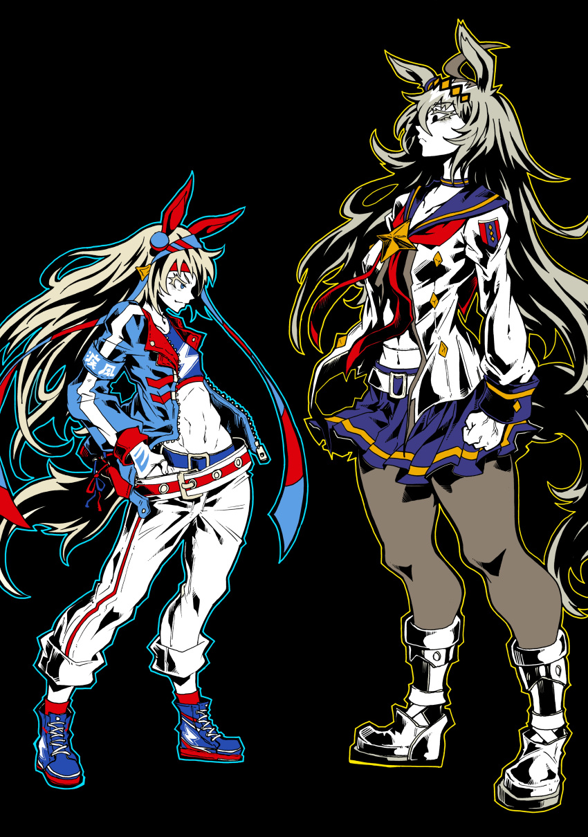 2girls absurdres ahoge animal_ears belt black_background blonde_hair blue_belt blue_eyes blue_footwear blue_hairband blue_jacket blue_outline blue_sailor_collar blue_shirt blue_skirt boots breasts clenched_hands closed_mouth colored_skin commentary_request ear_covers expressionless fingerless_gloves flat_chest full_body gloves grey_hair grey_pantyhose hair_between_eyes hairband height_difference highres horse_ears horse_girl horse_tail jacket long_hair long_sleeves looking_at_another medium_breasts midriff miniskirt multiple_girls navel neckerchief nehitsuji_(syatihokoga) oguri_cap_(umamusume) open_clothes open_jacket outline pants pantyhose red_hairband red_neckerchief sailor_collar school_uniform serafuku shirt shoes simple_background skirt smile sneakers tail tamamo_cross_(umamusume) toned two-tone_hairband umamusume veins veiny_hands very_long_hair white_belt white_footwear white_gloves white_pants white_skin yellow_outline zipper