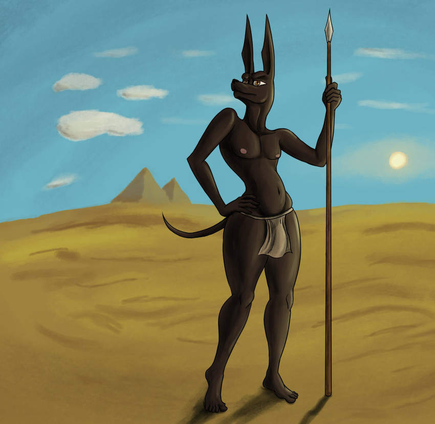 2022 absurd_res anthro barefoot black_body bottomwear bulge canid canine canis clothing desert feet hand_on_hip hi_res jackal leaning_on_object licker69666 lickerdemon loincloth loincloth_only male mammal melee_weapon navel nipples outside pecs polearm pyramid sand shaded solo spear standing tail weapon yellow_eyes