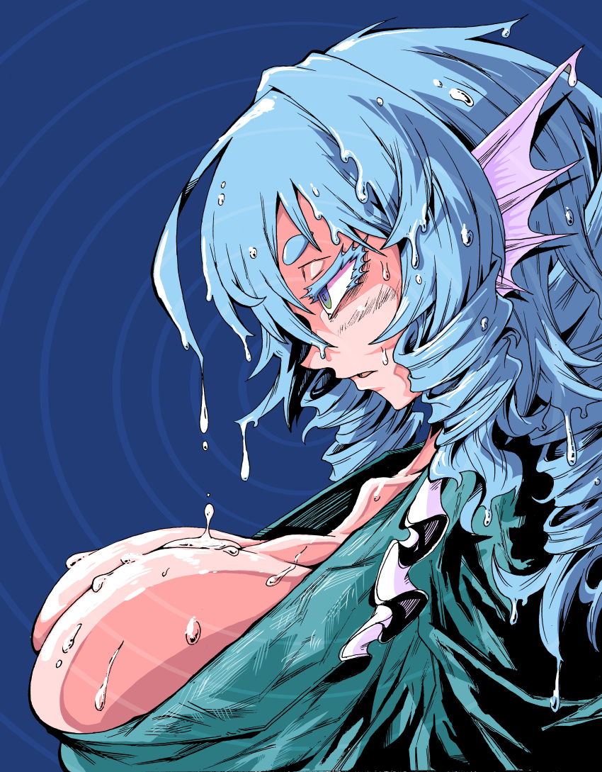 1girl absurdres bangs blue_background blue_eyes blue_hair breasts bursting_breasts cleavage colored_eyelashes commentary_request drill_hair drill_locks green_kimono hair_between_eyes head_fins highres japanese_clothes kimono large_breasts medium_hair nehitsuji_(syatihokoga) open_mouth profile ripples solo touhou upper_body wakasagihime water wet wet_hair
