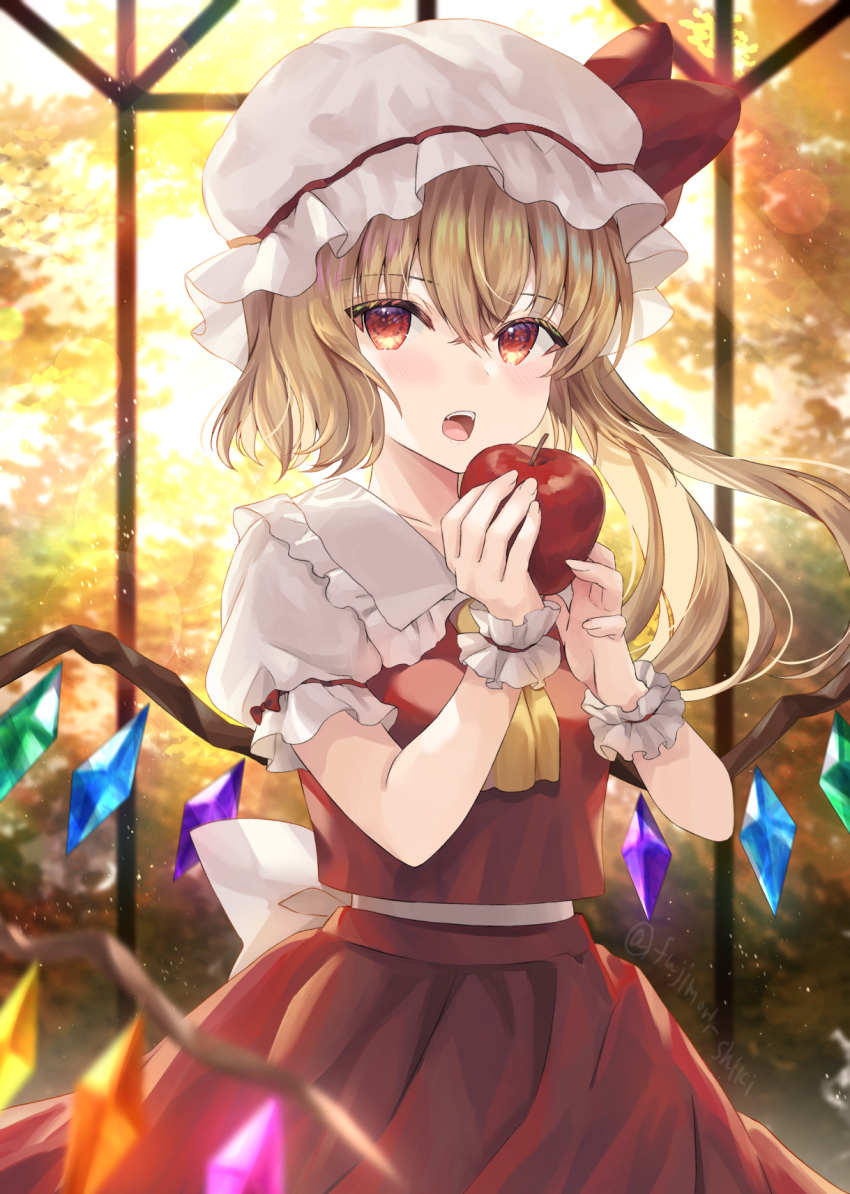 1girl apple ascot blonde_hair blurry crystal flandre_scarlet food fruit fujimori_shiki hat highres holding holding_food holding_fruit indoors mob_cap one_side_up open_mouth puffy_sleeves red_eyes red_skirt red_vest short_sleeves skirt solo sunset touhou vest white_headwear window wings wrist_cuffs yellow_ascot