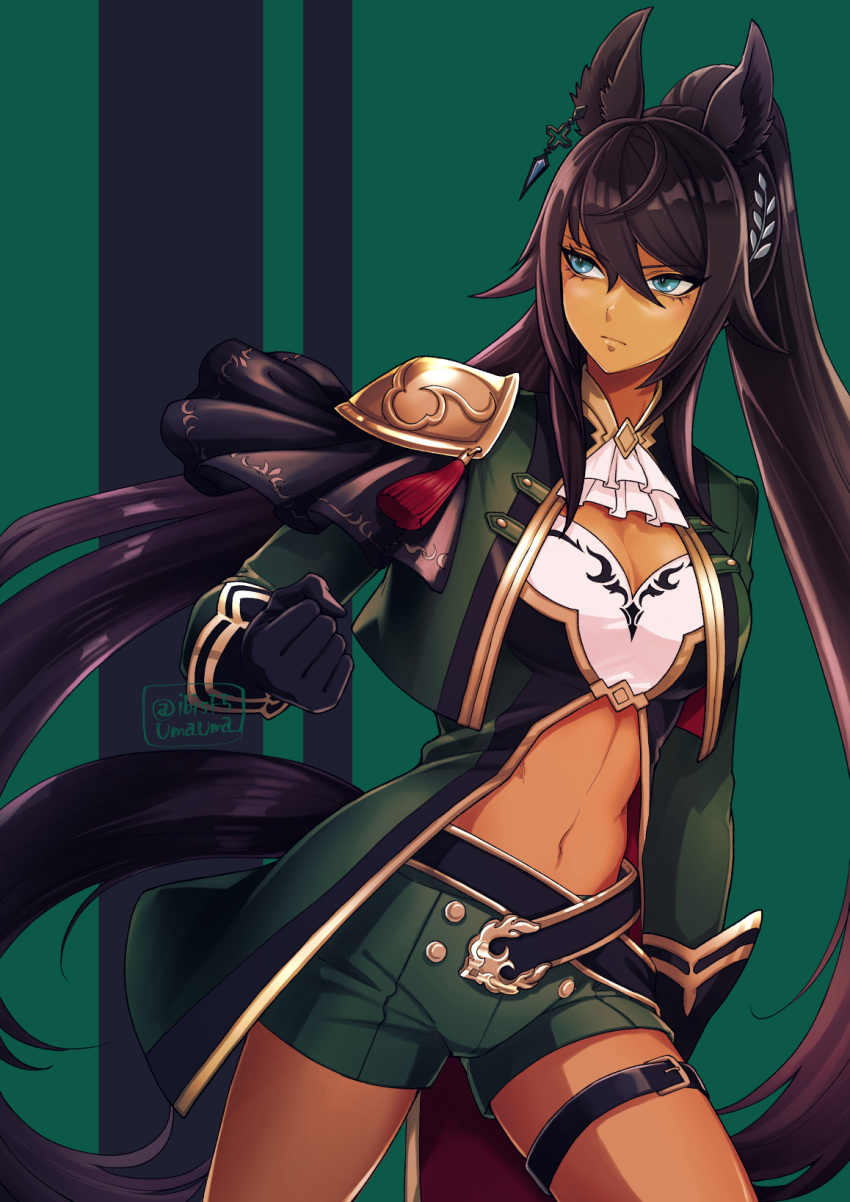 1girl arm_at_side armor bangs black_gloves black_hair breasts cleavage clenched_hand closed_mouth cropped_jacket dark-skinned_female dark_skin earrings gloves green_eyes green_jacket green_shorts hair_ornament hi_(ibisf5umauma) highres horse_girl horse_tail jacket jewelry large_breasts long_hair long_sleeves looking_to_the_side navel shorts shoulder_armor single_earring solo split_ponytail symboli_kris_s_(umamusume) tail tassel thigh_strap twitter_username umamusume