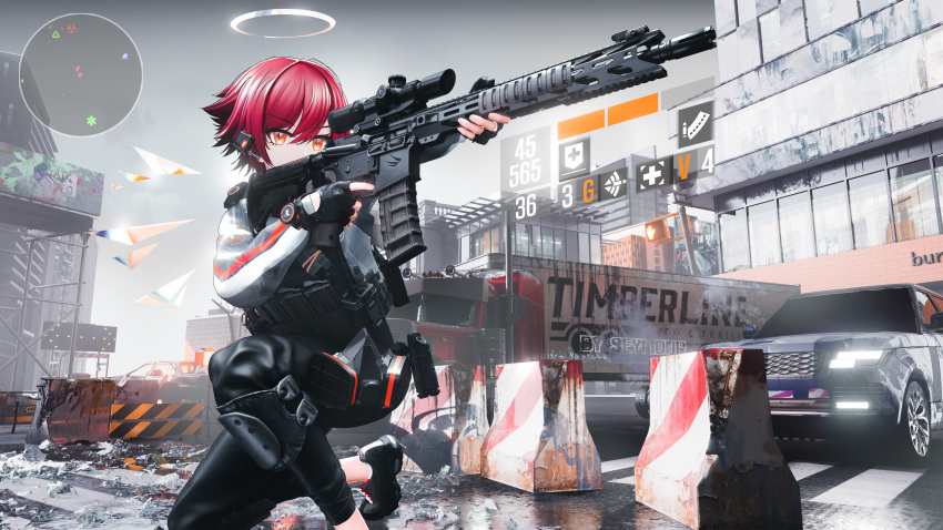 1girl absurdres arknights assault_rifle barbed_wire barricade black_footwear black_gloves black_pants building car city cloud cloudy_sky commentary_request debris detached_wings earpiece exusiai_(arknights) fence fingerless_gloves gloves ground_vehicle gun halo highres holding holding_gun holding_weapon jacket jersey_barrier knee_pads kneeling lamppost map motor_vehicle no_humans orange_eyes outdoors pants red_hair rifle road scenery semi_truck seymour shoes short_hair sky sneakers solo sports_utility_vehicle tactical_clothes tom_clancy's_the_division traffic_light trailer truck urban weapon white_jacket wings