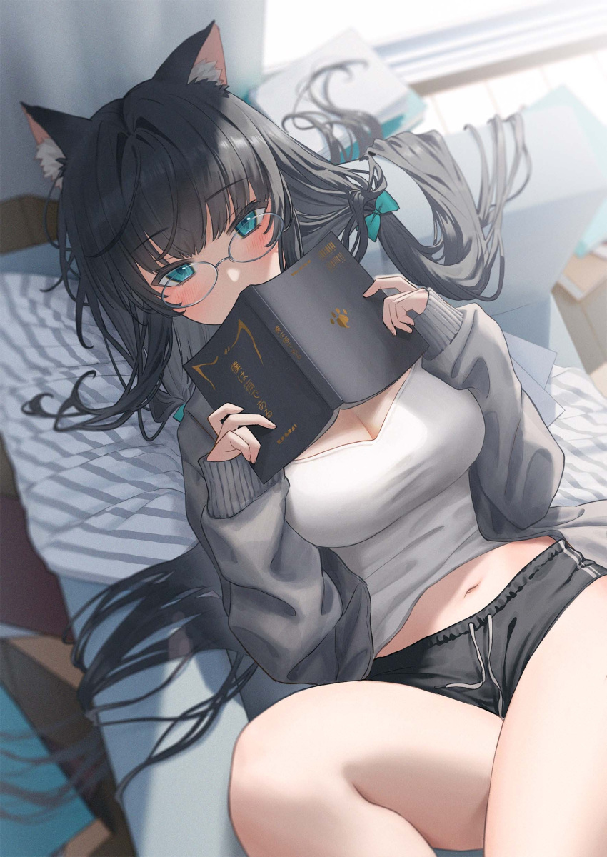 1girl absurdres animal_ear_fluff animal_ears aqua_bow aqua_eyes black_hair blush book bow breasts camisole cat_ears cleavage commentary_request couch covering_mouth cowboy_shot from_above glasses grey_jacket hair_bow highres holding holding_book indoors jacket jfjf long_hair looking_at_viewer lying medium_breasts navel on_back open_clothes open_jacket original short_shorts shorts solo sunlight white_camisole