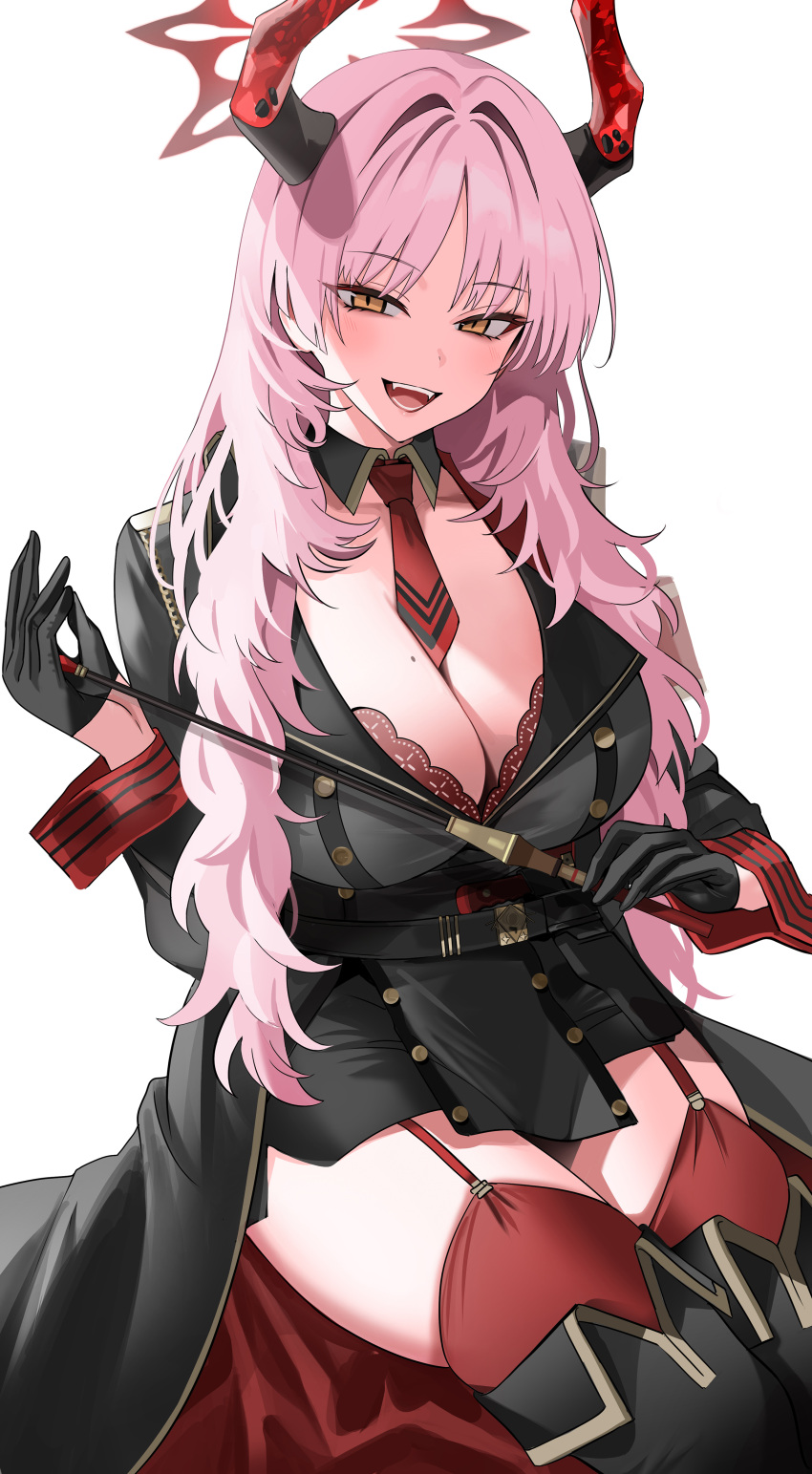1girl absurdres bangs between_breasts black_gloves black_jacket blue_archive boots bra breasts cleavage collared_jacket demon_horns fangs garter_straps gloves hair_between_eyes highres holding horns jacket large_breasts laughing long_hair messy_hair military military_uniform mole mole_on_breast necktie open_clothes open_jacket open_mouth pink_hair red_bra red_garter_straps red_necktie red_thighhighs red_wrist_cuffs satsuki_(blue_archive) shade short_necktie sitting skindentation smile smirk smug solo thigh_boots thighhighs underwear uniform upper_body very_long_hair white_background wrist_cuffs yellow_eyes yuki_(asayuki101)