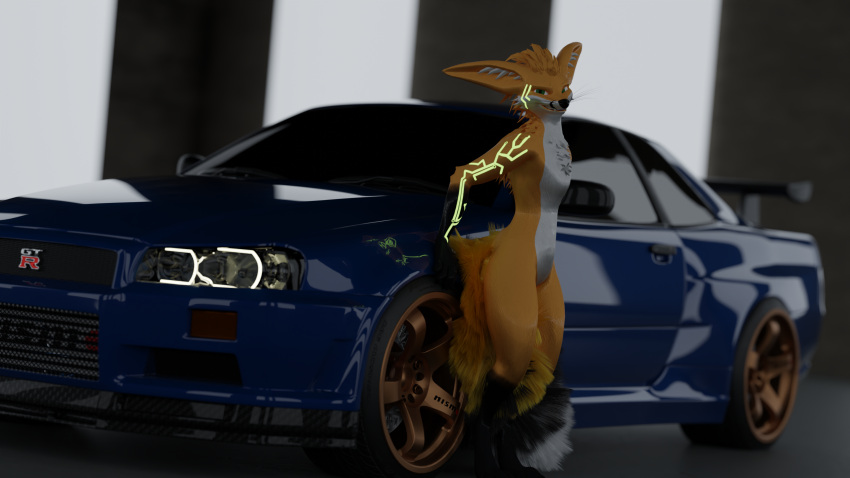 3d_(artwork) against_surface arm_support backward_arm_support big_ears blue_car canid canine car depth_of_field digital_media_(artwork) feather_hair feathers flimsy_fox_(artist) flimsy_fox_(character) fluffy fluffy_tail fox fur glass glistening glistening_body glowing glowing_tattoo green_eyes grin grinning_at_viewer hi_res hybrid inner_ear_fluff light lighting looking_at_viewer looking_sideways male mammal metal narrowed_eyes nissan nissan_skyline orange_body paws pseudo_hair rexouium showroom small_waist smile solo standing tail tattoo tuft vehicle white_body white_inner_ear_fluff
