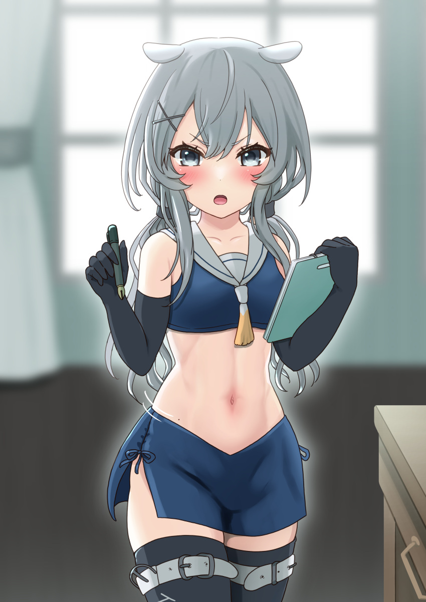 1girl absurdres black_gloves black_thighhighs blue_skirt breasts clipboard cowboy_shot crop_top elbow_gloves fake_horns gloves gradient_neckerchief grey_eyes grey_hair harurukan highres holding holding_clipboard holding_pencil horned_headwear horns i-201_(kancolle) kantai_collection long_hair looking_at_viewer mole mole_on_stomach navel neckerchief nontraditional_school_swimsuit pencil sailor_collar school_swimsuit skirt small_breasts solo standing swimsuit textless_version thighhighs white_neckerchief white_sailor_collar