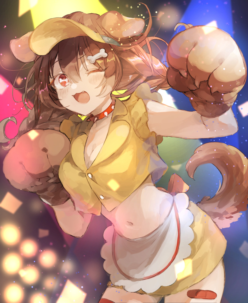 1girl ;d animal_collar animal_ears animal_hands apron bandaid bandaid_on_leg bandaid_on_thigh bangs blush bone_hair_ornament braid breasts brown_eyes brown_hair cleavage collar commentary_request crop_top crop_top_overhang cropped_shirt dog_ears dog_girl dog_tail doggy_god's_street fang gloves hair_between_eyes hair_ornament hairclip highres hololive inugami_korone kumono_nnn long_hair looking_at_viewer low_twin_braids low_twintails medium_breasts midriff navel official_alternate_costume one_eye_closed open_mouth paw_gloves pink_skirt red_collar shirt skirt sleeveless sleeveless_shirt smile solo spiked_collar spikes tail twin_braids twintails virtual_youtuber visor_cap waist_apron waitress white_apron yellow_shirt yellow_skirt