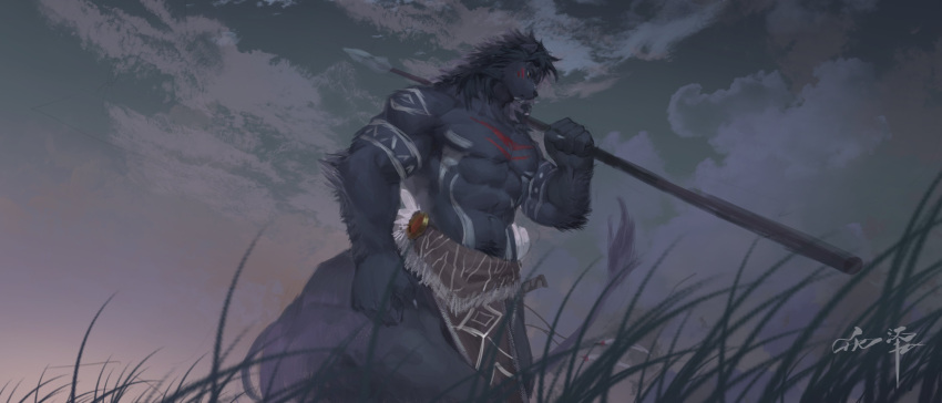 abs absurd_res anthro arm_markings awaldkize bottomwear brown_bottomwear brown_clothing brown_loincloth canid clothed clothing cloud fur grass grey_body grey_fur grey_hair hair hi_res holding_object holding_spear holding_weapon loincloth male mammal markings melee_weapon messy_hair muscular muscular_anthro muscular_male narrowed_eyes outside pecs plant polearm short_hair shoulder_markings signature sky solo spear standing topless weapon white_markings yellow_eyes
