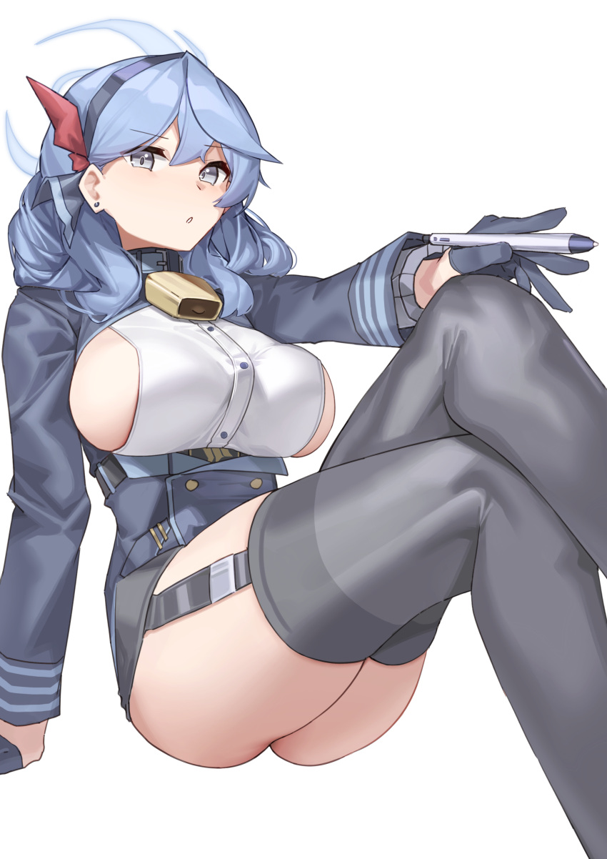 :o absurdres ako_(blue_archive) ass bangs bell black_gloves black_skirt blue_archive blue_coat blue_eyes blue_hair blue_hairband breasts coat cowbell earrings foreshortening garter_straps gloves hair_between_eyes hairband half_gloves halo highres holding holding_pen jewelry large_breasts leash long_hair looking_at_viewer miniskirt mung_(larnec) neck_bell open_mouth pen red_ribbon ribbon sideboob simple_background sitting skirt stud_earrings thighhighs white_background
