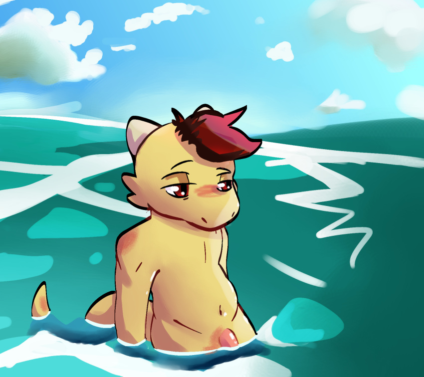 anthro blush bored bored_expression genitals hair half-closed_eyes hi_res kobold male narrowed_eyes penis red_eyes red_hair solo solo_focus swimming swimwear_removed water whattheflix yellow_body