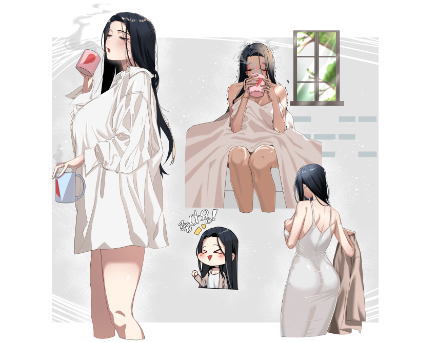 &gt;_&lt; 1girl absurdres ass black_hair chibi chibi_inset closed_eyes coffee_mug covering_with_blanket cropped_legs cup dress highres holding holding_cup invincible_dragon_(last_origin) last_origin morning mug multiple_views no_pants oversized_clothes oversized_shirt rhlatm shirt shoulder_blades sleepy straight_hair taut_clothes taut_dress trembling white_dress white_shirt