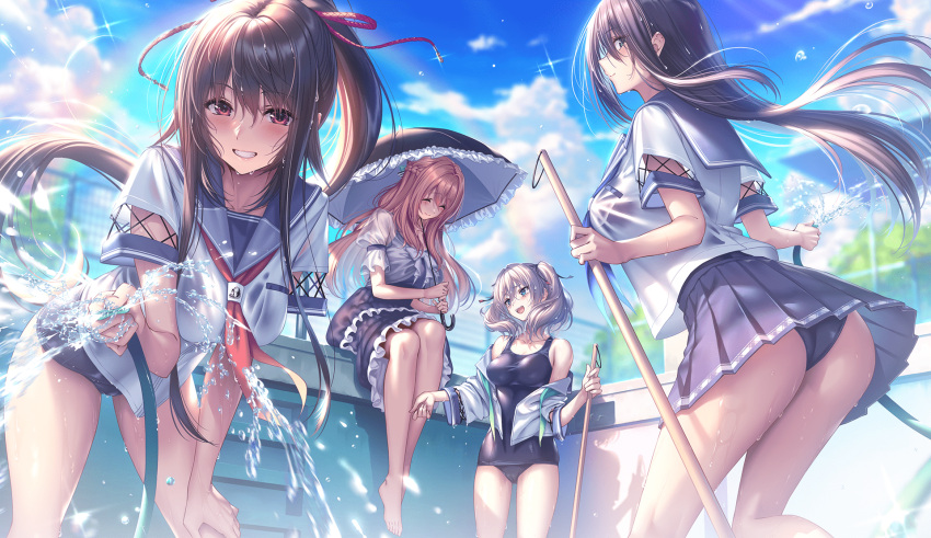 4girls amakano_2 ass barefoot black_hair blonde_hair blue_eyes blue_skirt braid broom brown_hair closed_eyes clothes_lift day dithering dress empty_pool floating_hair french_braid game_cg grin high_ponytail highres himiyama_rei holding holding_broom holding_hose holding_umbrella hose kurohime_yuuki long_hair looking_at_viewer medium_hair miniskirt multiple_girls neckerchief off_shoulder official_art open_mouth outdoors photoshop_(medium) piromizu pleated_skirt pool rainbow red_eyes school_swimsuit school_uniform see-through shirt short_sleeves sitting skirt skirt_lift smile spraying standing swimsuit tsutamachi_chitose twintails umbrella water wet wet_clothes wet_shirt white_hair