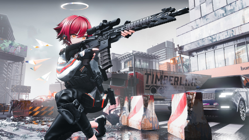1girl absurdres arknights assault_rifle barbed_wire barricade black_footwear black_gloves black_pants building car city cloud cloudy_sky commentary_request debris detached_wings earpiece exusiai_(arknights) fence fingerless_gloves gloves ground_vehicle gun halo highres holding holding_gun holding_weapon jacket jersey_barrier knee_pads kneeling lamppost motor_vehicle no_humans orange_eyes outdoors pants red_hair rifle road scenery semi_truck seymour shoes short_hair sky sneakers solo sports_utility_vehicle tactical_clothes traffic_light trailer truck urban weapon white_jacket wings