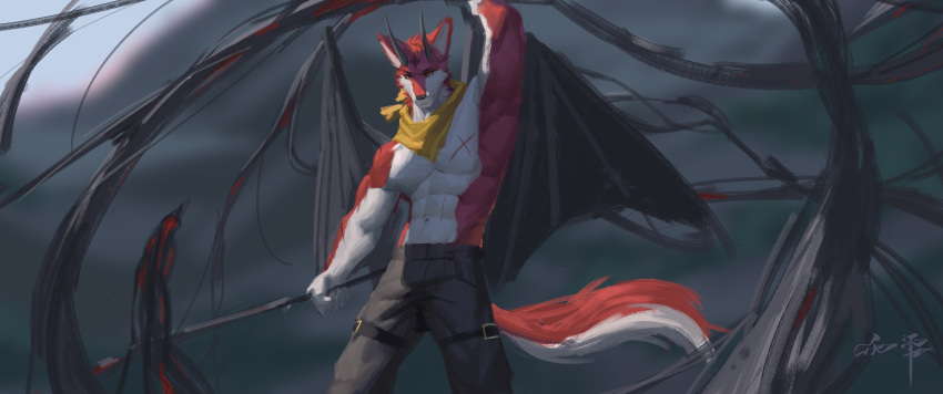 abs absurd_res anthro awaldkize black_horn black_sclera bottomwear canid clothed clothing dark_wings front_view fur grey_bottomwear grey_clothing grey_pants grey_wings head_tuft hi_res holding_object horn kerchief male mammal mouth_closed muscular muscular_anthro muscular_male navel neckerchief orange_eyes pants pecs portrait red_body red_fur simple_background solo standing three-quarter_portrait topless tuft white_body white_fur wings yellow_kerchief yellow_neckerchief