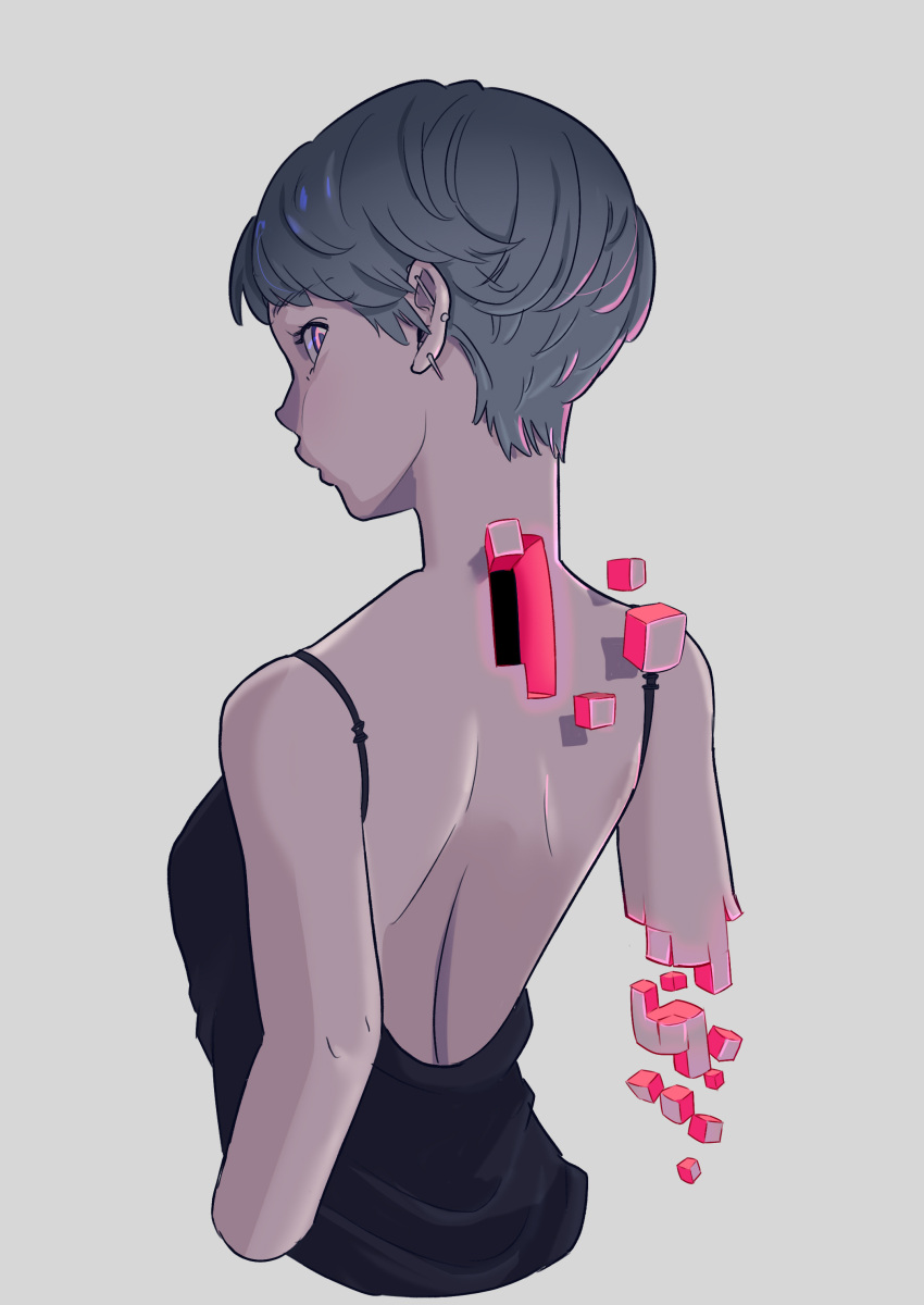 1girl absurdres backless_dress backless_outfit barbell_piercing breasts commentary_request cropped_torso cube dress ear_piercing earrings from_behind grey_hair highres industrial_piercing jewelry looking_back medium_breasts original piercing pink_hair pink_mousse short_hair solo upper_body