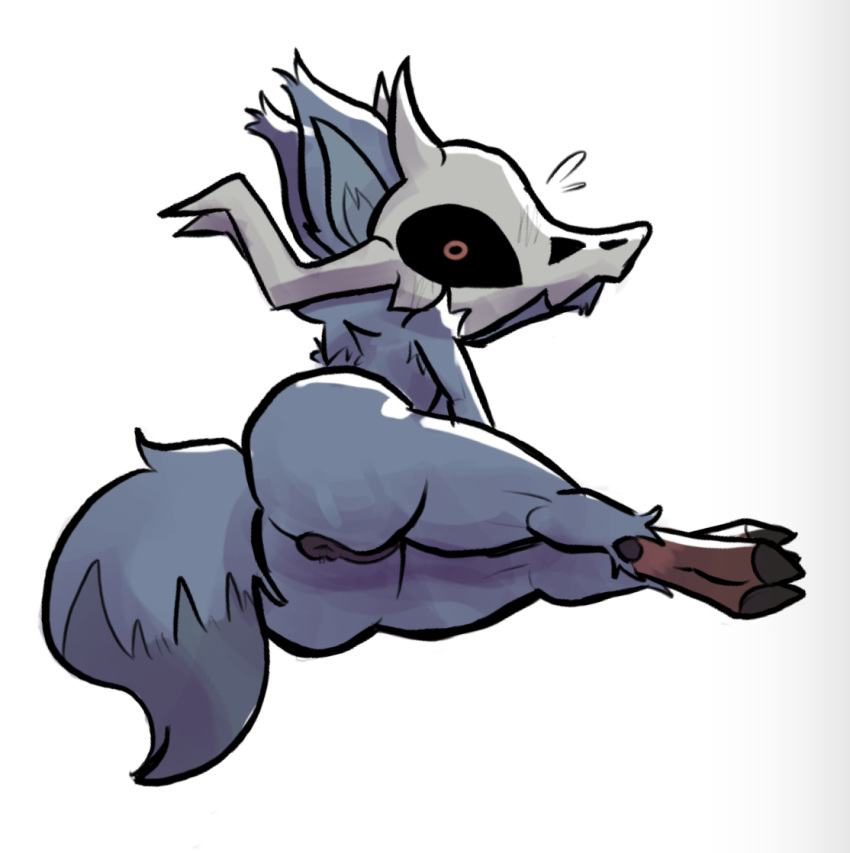 2023 anthro anus black_body black_sclera bone brown_body butt canid canine canis dogguyd female fluffy fur grey_body grey_fur grey_tail hooves horn hybrid looking_at_viewer mammal markings multicolored_body multicolored_fur orange_eyes rear_view skull solo tail tail_markings two_tone_body two_tone_fur two_tone_tail wolf