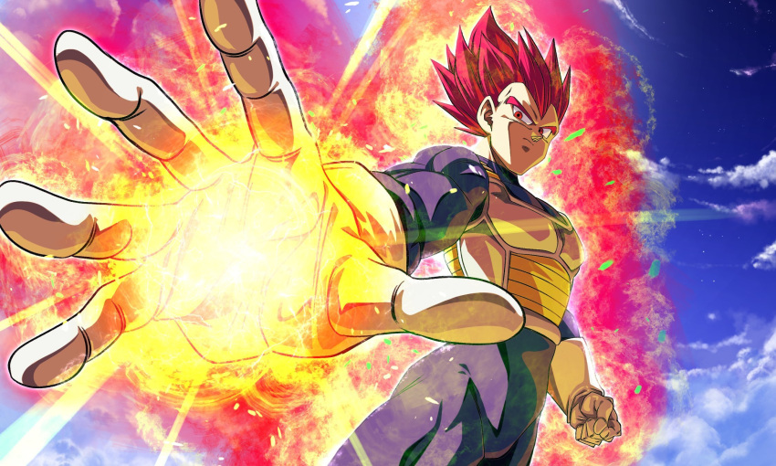 1boy aiming armor aura clenched_hand cloud commentary_request dragon_ball dragon_ball_super dragon_ball_super_broly foreshortening frown gloves highres male_focus muscular muscular_male red_eyes red_hair sekitsuki_hayato serious sky solo super_saiyan super_saiyan_god vegeta white_gloves