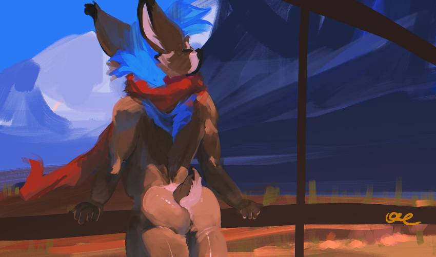 anthro black_nose blue_hair brown_body brown_fur ear_tuft eyes_closed fur hair hi_res male mostly_nude oselotti outside portrait rear_view red_scarf scarf short_tail signature solo species_request standing tail three-quarter_portrait tuft