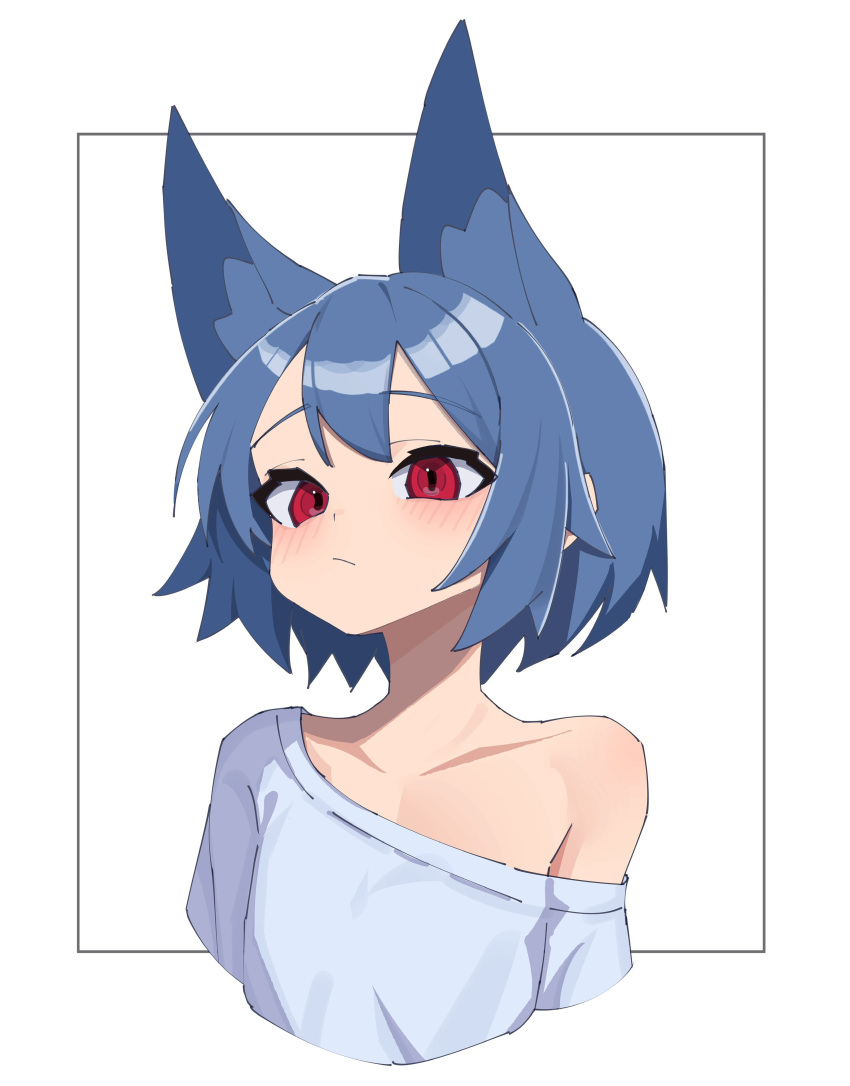 1girl absurdres animal_ear_fluff animal_ears bangs blue_hair blush closed_mouth collarbone cropped_torso highres looking_at_viewer myakuroekako off_shoulder original red_eyes shirt simple_background solo upper_body white_background white_shirt