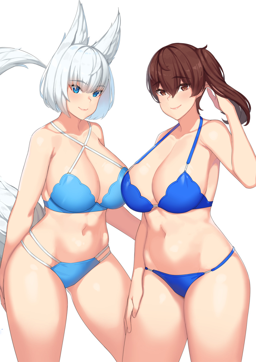 2girls animal_ears arm_at_side arm_behind_back armpits ass_visible_through_thighs azur_lane bangs bare_shoulders bikini blue_bikini blue_eyes blue_sky breasts brown_eyes brown_hair cleavage closed_mouth collarbone commentary_request criss-cross_halter crossover fox_ears fox_tail franham hair_between_eyes halterneck hand_in_own_hair hand_on_own_thigh hand_up highres historical_reference_connection kaga_(azur_lane) kaga_(kancolle) kantai_collection looking_at_viewer multi-strapped_bikini multiple_girls name_connection sand shiny_skin short_hair side_ponytail simple_background sky smile standing swimsuit tail thick_thighs thighs white_background white_hair