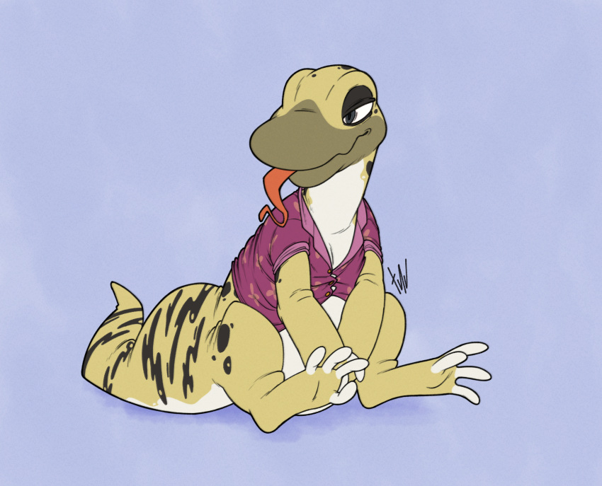 clothed clothing cuz_(gex) eublepharid feet gecko gex_(series) hi_res leopard_gecko lizard male open_clothing open_shirt open_topwear reptile scalie shirt sitting slightly_chubby solo spread_toes tail thick_tail toes tongue tongue_out topwear xnv69