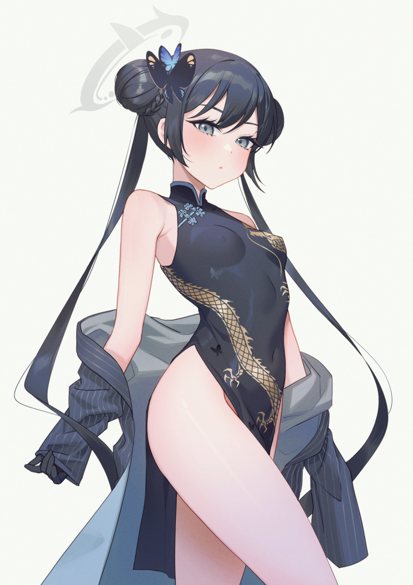 1girl black_dress black_gloves black_hair black_jacket blue_archive breasts butterfly_hair_ornament china_dress chinese_clothes commentary covered_navel dragon_print dress gloves grey_background hair_bun hair_ornament halo highres jacket kisaki_(blue_archive) long_hair looking_at_viewer mushi_aoi print_dress simple_background sleeveless sleeveless_dress small_breasts solo striped striped_jacket thighs twintails vertical-striped_jacket vertical_stripes