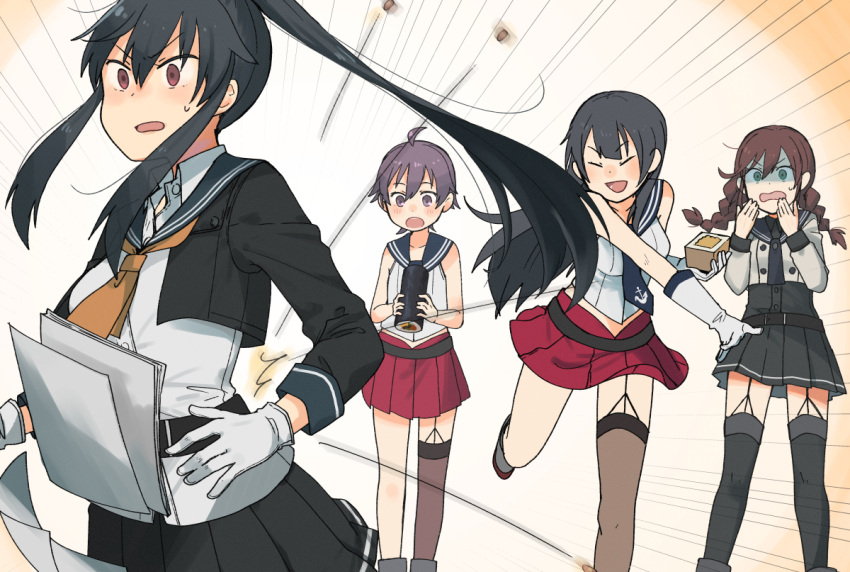 4girls agano_(kancolle) ahoge anchor_symbol annin_musou bangs belt black_belt black_hair black_necktie black_sailor_collar black_skirt brown_eyes brown_hair buttons closed_eyes collared_shirt ehoumaki food gloves green_eyes hair_between_eyes holding holding_food kantai_collection long_hair makizushi masu multiple_girls neckerchief necktie noshiro_(kancolle) noshiro_kai_ni_(kancolle) open_mouth orange_neckerchief paper pleated_skirt ponytail purple_eyes purple_hair red_skirt sailor_collar sakawa_(kancolle) school_uniform serafuku setsubun shirt short_hair sidelocks single_thighhigh skirt sleeveless smile sushi thighhighs white_gloves white_shirt yahagi_(kancolle) yahagi_kai_ni_(kancolle)