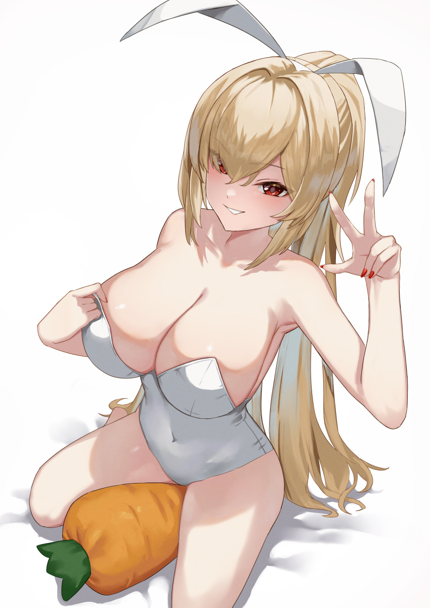 1girl absurdres adjusting_clothes adjusting_leotard animal_ears bare_arms bare_legs bare_shoulders blonde_hair breasts carrot cleavage collarbone covered_navel fake_animal_ears from_above grin hair_between_eyes hair_intakes highres large_breasts leotard long_hair looking_at_viewer multicolored_hair original plaster_(2501) playboy_bunny ponytail rabbit_ears red_eyes red_nails simple_background sitting smile solo streaked_hair very_long_hair w white_background white_leotard