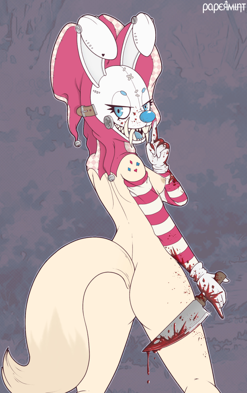 anthro big_butt blood bloodsugar bodily_fluids breasts buckteeth bunny_costume butt canid canine clothing clown clown_costume clown_makeup clown_nose costume demonic female fennec fool's_hat fox hat headgear headwear hi_res jester mammal mask nude papermint papermintus pinup pose rabbit_ears solo teeth
