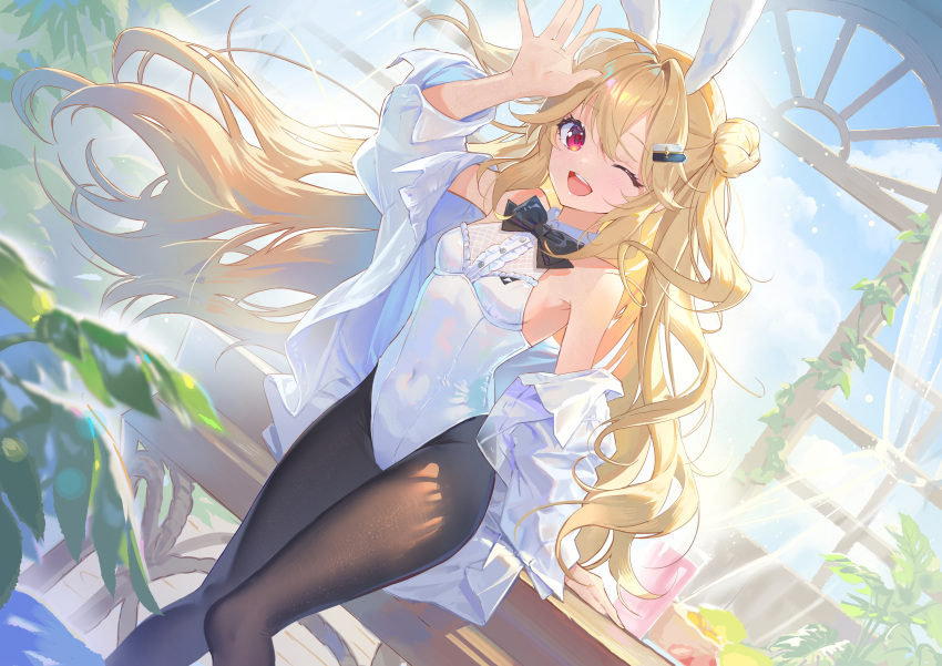 1girl absurdres animal_ears bangs black_bow black_bowtie black_pantyhose blonde_hair bow bowtie breasts butyou_(mika1412) cloud commentary covered_navel day double_bun echocalypse eriri_(echocalypse) feet_out_of_frame hair_bun hair_ornament hairclip hand_up highres jacket jacket_partially_removed leotard long_hair looking_at_viewer one_eye_closed open_clothes open_jacket open_mouth pantyhose plant playboy_bunny rabbit_ears rabbit_girl red_eyes revision sidelocks small_breasts smile solo teeth upper_teeth_only very_long_hair white_jacket white_leotard