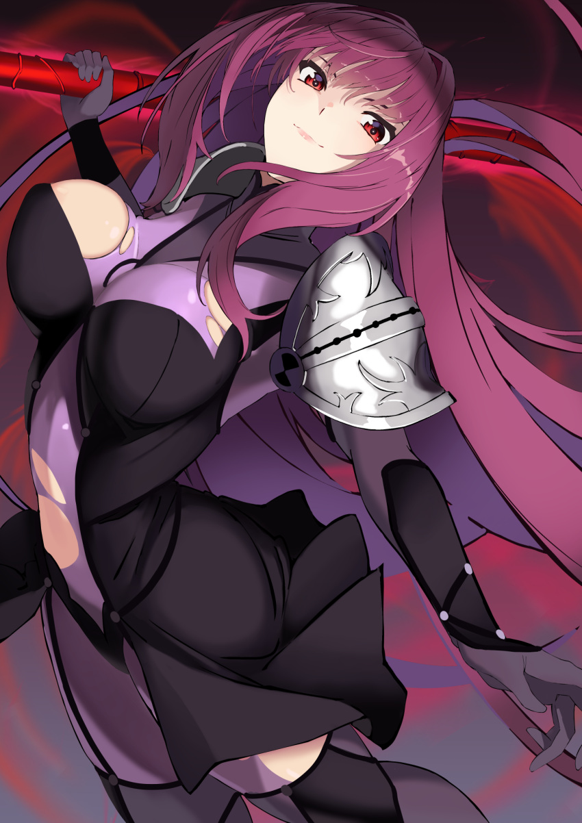 1girl armor bodysuit breasts fate/grand_order fate_(series) gae_bolg_(fate) hair_intakes highres large_breasts leotard long_hair pauldrons polearm purple_bodysuit purple_hair purple_leotard red_eyes reibun_(raven1119) scathach_(fate) shoulder_armor smile solo spear torn_bodysuit torn_clothes very_long_hair weapon