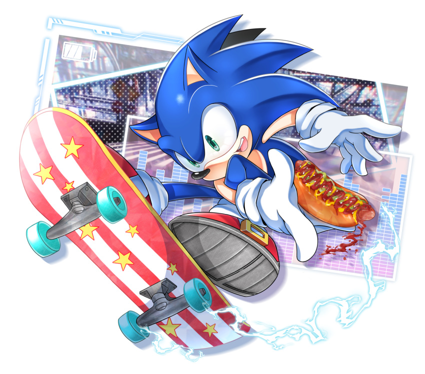 1boy :d animal_nose chili_dog food furry furry_male gloves green_eyes highres hot_dog male_focus r131q red_footwear shoes skateboard skateboarding smile solo sonic_(series) sonic_the_hedgehog white_gloves