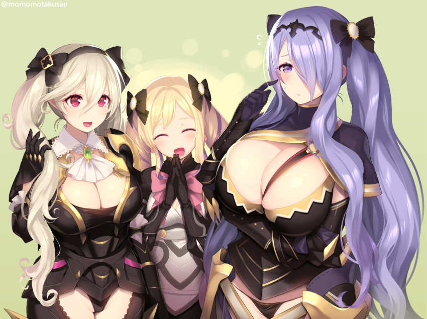 3girls :d armor ascot bangs black_armor black_bow black_gloves black_panties blonde_hair blush bow breasts brooch camilla_(fire_emblem) cleavage corrin_(female)_(fire_emblem) corrin_(fire_emblem) earrings elise_(fire_emblem) fire_emblem fire_emblem_fates gloves hair_between_eyes hair_bow hair_ornament hair_over_one_eye hairband jewelry kashiwamochi_yomogi large_breasts lips long_hair multiple_girls open_mouth panties pink_bow pointy_ears purple_eyes purple_hair red_eyes simple_background skindentation smile string_panties tiara twintails underwear very_long_hair wavy_hair