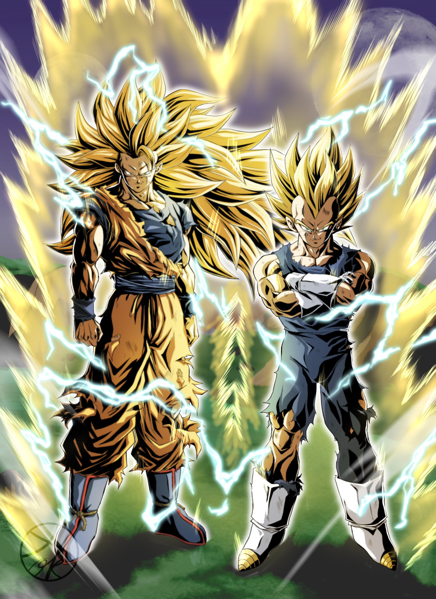 2boys absurdres arms_at_sides aura biceps blonde_hair blue_footwear blue_sash blue_shirt blue_wristband boots clenched_hands closed_mouth commentary_request crossed_arms dougi dragon_ball dragon_ball_z electricity energy floating_hair full_body gloves green_eyes highres long_hair looking_at_viewer male_focus multiple_boys muscular muscular_male no_eyebrows pectoral_cleavage pectorals sash scratches shirt short_hair smile smirk son_goku spiked_hair standing super_saiyan super_saiyan_2 super_saiyan_3 torn_clothes toshi_s_art v-shaped_eyebrows vegeta watermark white_footwear white_gloves wristband
