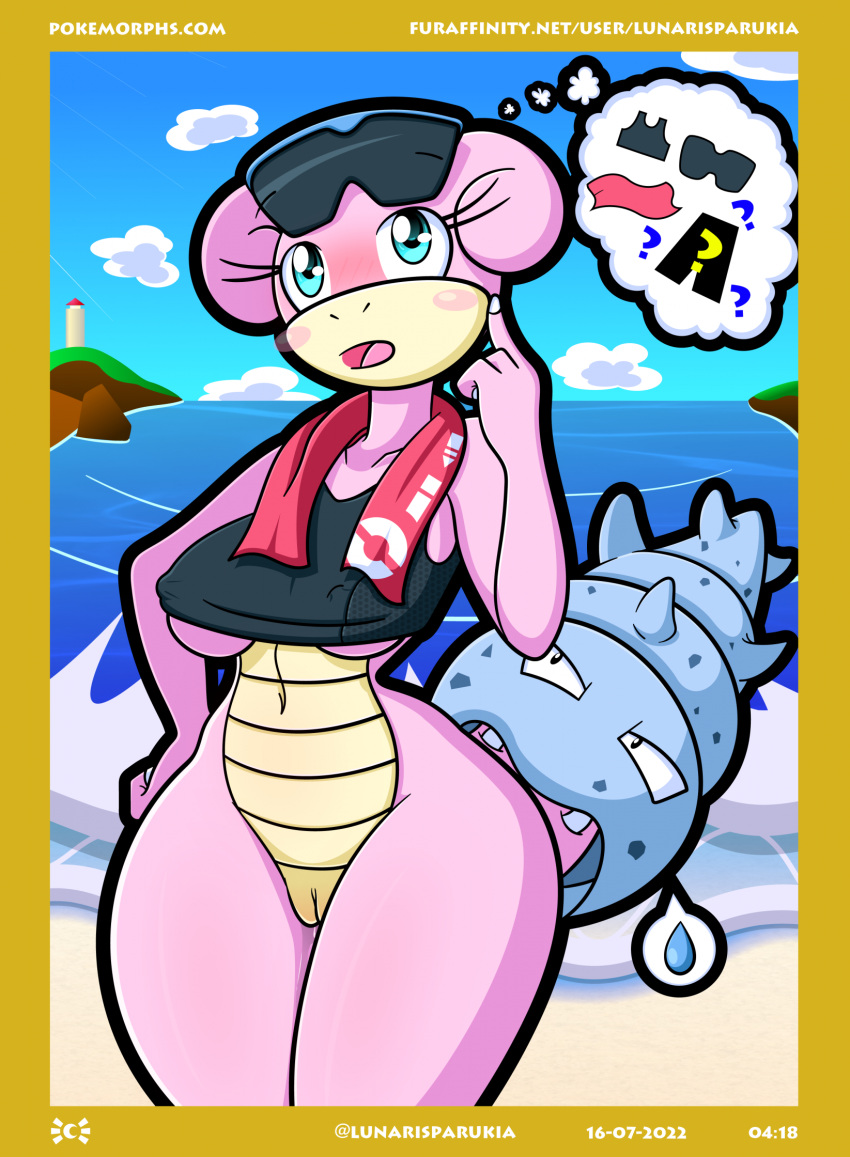 anthro beach blue_eyes blush bodily_fluids bottomless bra breasts clothed clothing exhibitionism eyewear female forgetting generation_1_pokemon genital_fluids genitals glasses hi_res invalid_tag lunaris_parukia mostly_nude nintendo nipples nipples_visible_through_clothing pink_body pink_skin pokemon pokemon_(species) pokemorph pussy pussy_juice scarf seaside slowbro solo thought_bubble underwear