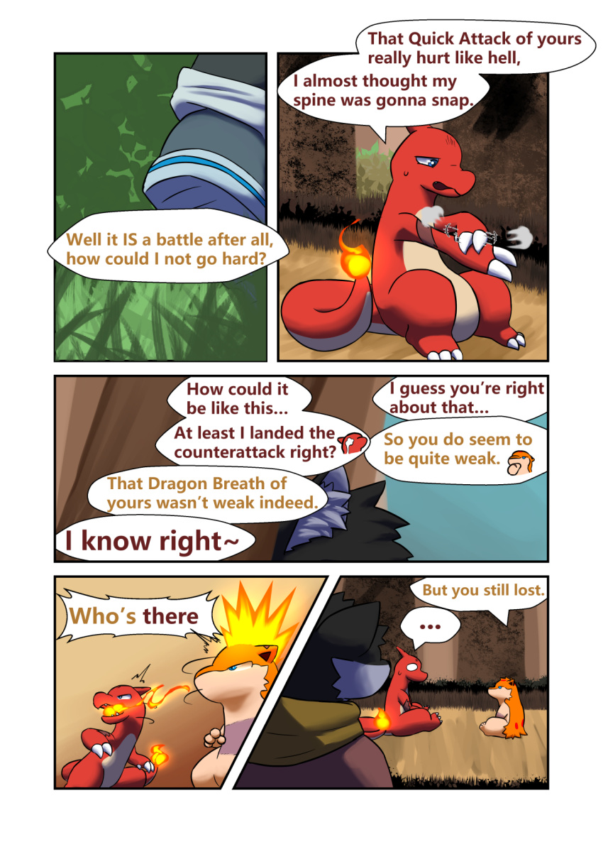 charmeleon comic darrow0 english_text fire forest generation_1_pokemon generation_2_pokemon hi_res nintendo plant pokemon pokemon_(species) quilava speech_bubble text tree video_games yuel