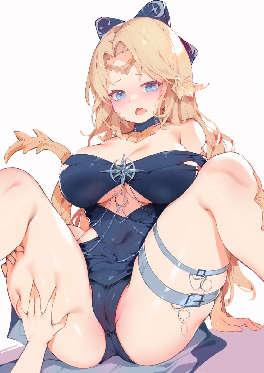 1girl absurdres armpit_crease au_ra avatar_(ff14) bangs belt belt_buckle beltbra blonde_hair blue_belt blue_choker blue_dress blue_eyes blush breasts buckle cameltoe chain choker cleavage clothing_cutout covered_navel deep_skin dragon_girl dragon_horns dragon_tail dress feet_out_of_frame final_fantasy final_fantasy_xiv grabbing_own_thigh hair_ribbon hand_on_another's_thigh highres horns impossible_clothes impossible_dress jewelry large_breasts leg_belt long_hair looking_at_viewer multiple_belts o-ring open_mouth out_of_character pussy_juice ribbon scales simple_background sitting skindentation solo spread_legs star_ornament tail underboob underboob_cutout white_background white_belt zhazhapao