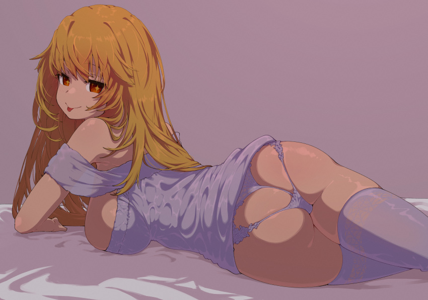 +_+ 1girl :q absurdres ass bare_shoulders bed_sheet blonde_hair blush breasts commentary_request g-string highres irokohaku large_breasts long_hair looking_at_viewer lying on_stomach panties shokuhou_misaki sideboob smile solo symbol-shaped_pupils thighhighs thong toaru_kagaku_no_railgun toaru_majutsu_no_index tongue tongue_out underwear yellow_eyes