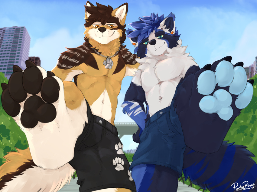 absurd_res ailurid anthro black_bottomwear black_clothing black_pawpads black_shorts blue_body blue_bottomwear blue_clothing blue_eyes blue_fur blue_hair blue_pawpads blue_shorts blue_sky bottomwear brown_body brown_fur brown_hair canid cheek_tuft closed_smile clothed clothing duo facial_tuft feet foot_focus front_view fur hair hi_res jewelry male mammal mouth_closed narrowed_eyes navel neck_tuft necklace orange_eyes outside pache_riggs pawpads plant red_panda shorts shoulder_tuft shrub signature sky standing topless tuft white_body white_fur