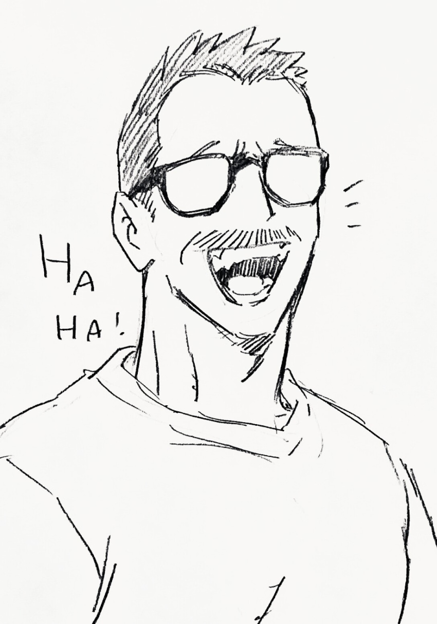 1boy :d bara billy_russell_(dickfish) casual dickfish_(fishismdick) english_text facial_hair glasses highres laughing male_focus mature_male multiple_boys mustache original pectorals portrait scan shirt short_hair sideburns sketch smile solo traditional_media