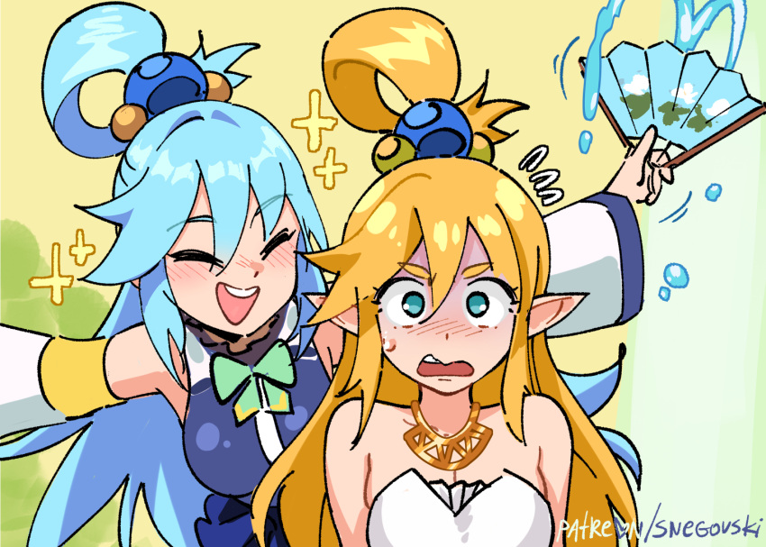 2girls :d alternate_hairstyle aqua_(konosuba) bangs bare_shoulders blush bow bowtie breasts cleavage closed_eyes dress facing_another green_bow green_bowtie green_eyes hair_focus hair_rings happy kono_subarashii_sekai_ni_shukufuku_wo! large_breasts magic multiple_girls outstretched_arms pointy_ears princess_zelda shaded_face smile snegovski sparkle the_legend_of_zelda the_legend_of_zelda:_breath_of_the_wild water white_dress