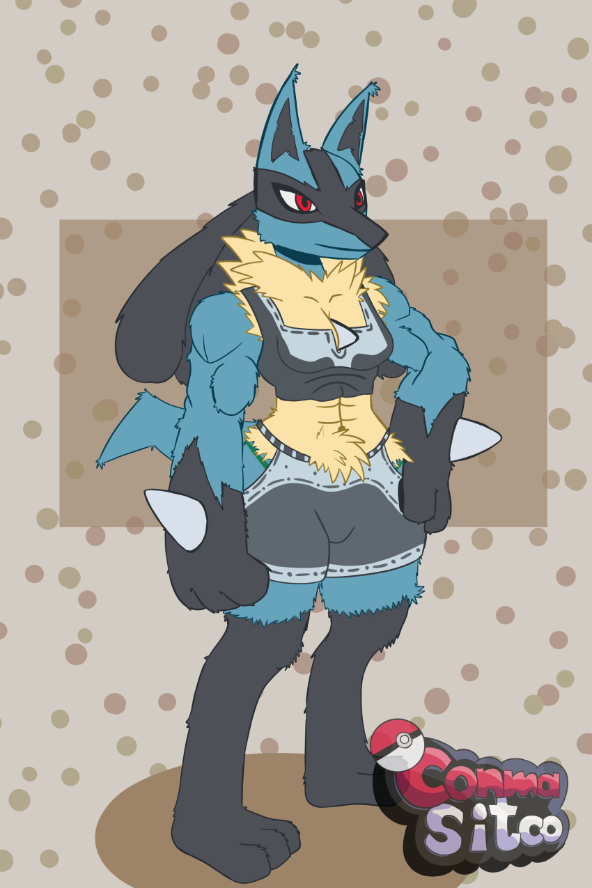 absurd_res anthro black_body black_fur blue_body blue_fur breasts canid conmasitco female fur generation_4_pokemon gym_clothing hi_res lucario mammal muscular muscular_female nintendo pokemon pokemon_(species) red_eyes small_breasts solo solo_focus sportswear