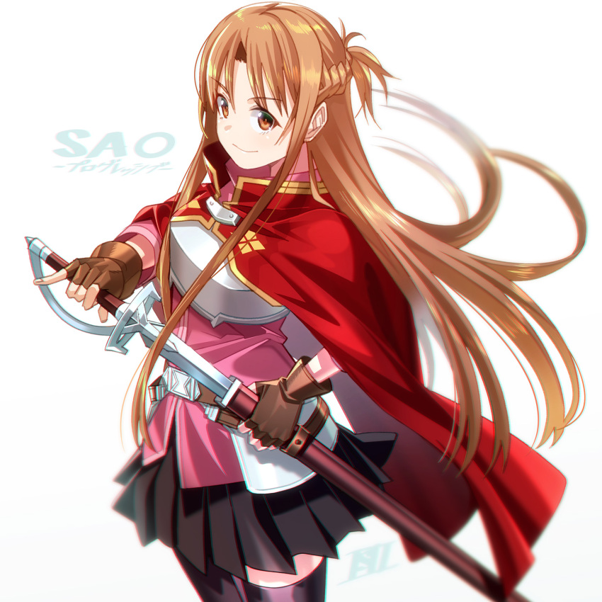 1girl armor asuna_(sao) asymmetrical_bangs bangs black_skirt black_thighhighs braid breastplate brown_eyes brown_gloves brown_hair cape closed_mouth copyright_name drawing_sword dress_shirt fingerless_gloves french_braid gloves highres holding holding_sword holding_weapon is_ii long_hair looking_at_viewer miniskirt pink_shirt pleated_skirt rapier red_cape sheath shirt short_ponytail simple_background skirt smile solo sword sword_art_online sword_art_online_progressive thighhighs weapon