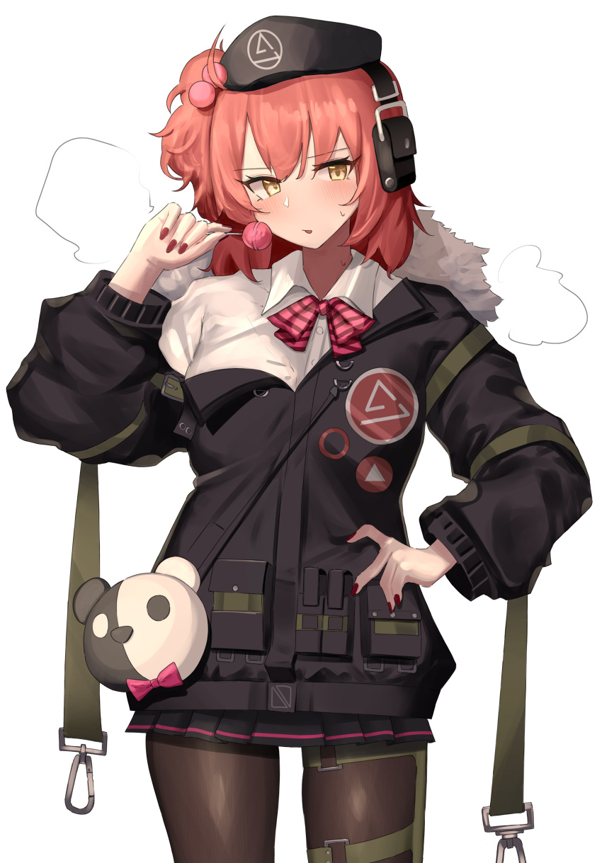 1girl 360_(taiyo360) absurdres ahoge bangs beret blush collared_shirt cowboy_shot dress_shirt girls'_frontline hat highres looking_to_the_side mp7_(girls'_frontline) off_shoulder pantyhose pleated_skirt red_hair red_nails shirt side_ponytail skirt solo sweat thigh_strap yellow_eyes
