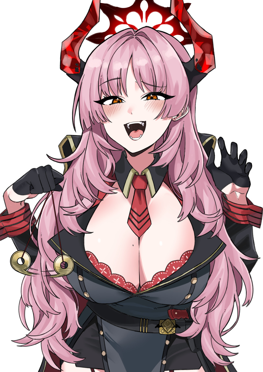 1girl absurdres between_breasts blue_archive bra bra_peek breasts buttons coin coin_on_string demon demon_girl double-breasted gloves half_gloves halo hands_up highres holding_pendulum holed_coin horns long_hair mole mole_on_breast necktie necktie_between_breasts nyangp open_mouth pendulum pink_hair red_armband red_bra red_garter_straps red_necktie red_wrist_cuffs satsuki_(blue_archive) smile underwear