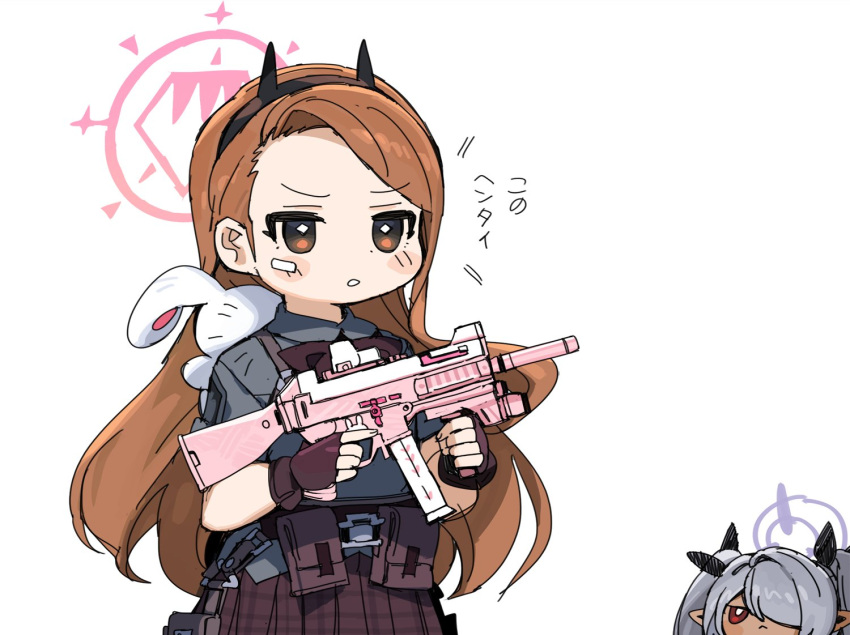 2girls blue_archive blush_stickers brown_eyes brown_hair dark-skinned_female dark_skin fingerless_gloves gloves gun h&amp;k_ump hair_over_one_eye hairband halo holding holding_gun holding_weapon idolmaster iori_(blue_archive) long_hair minase_iori multiple_girls name_connection parted_lips plate_carrier pointy_ears pouch red_eyes simple_background spawnfoxy submachine_gun weapon white_background