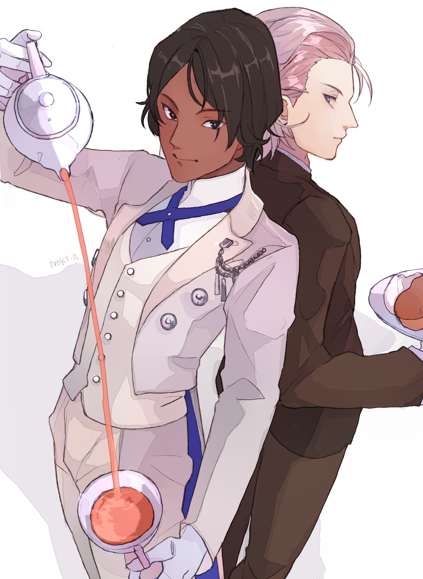 2boys absurdres arjuna_(fate) back-to-back bangs black_eyes black_hair blue_eyes brothers brown_jacket brown_pants chain cowboy_shot cross_tie cup dark-skinned_male dark_skin decantering fate/grand_order fate_(series) feet_out_of_frame formal gloves hair_slicked_back highres holding holding_cup holding_plate holding_teapot jacket karna_(fate) kinnoashihara lapel_pin looking_at_viewer looking_back male_focus multiple_boys open_clothes open_jacket pants parted_bangs pink_hair pink_jacket pink_pants plate profile red_pupils shirt short_hair siblings simple_background smile tailcoat tea teacup teapot vest white_background white_gloves white_shirt white_vest