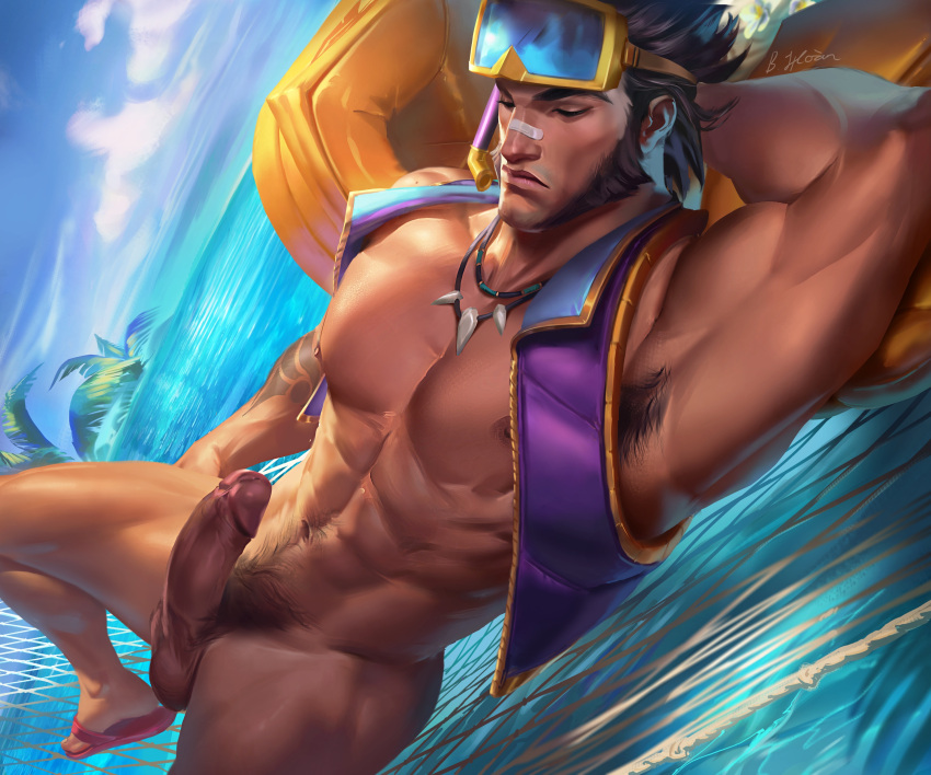 1boy abs absurdres armpit_hair armpits artist_name bandaid bandaid_on_face bandaid_on_nose bara bich_hoan black_hair bottomless closed_eyes cloud day erection facial_hair flip-flops goggles goggles_on_head highres jarvan_iv_(league_of_legends) jewelry large_pectorals league_of_legends lying male_focus male_pubic_hair male_swimwear_pull muscular muscular_male navel necklace nipples nude official_alternate_costume on_back outdoors pectorals penis pool_party_jarvan_iv pubic_hair purple_vest sandals short_hair sky solo thighs vest water